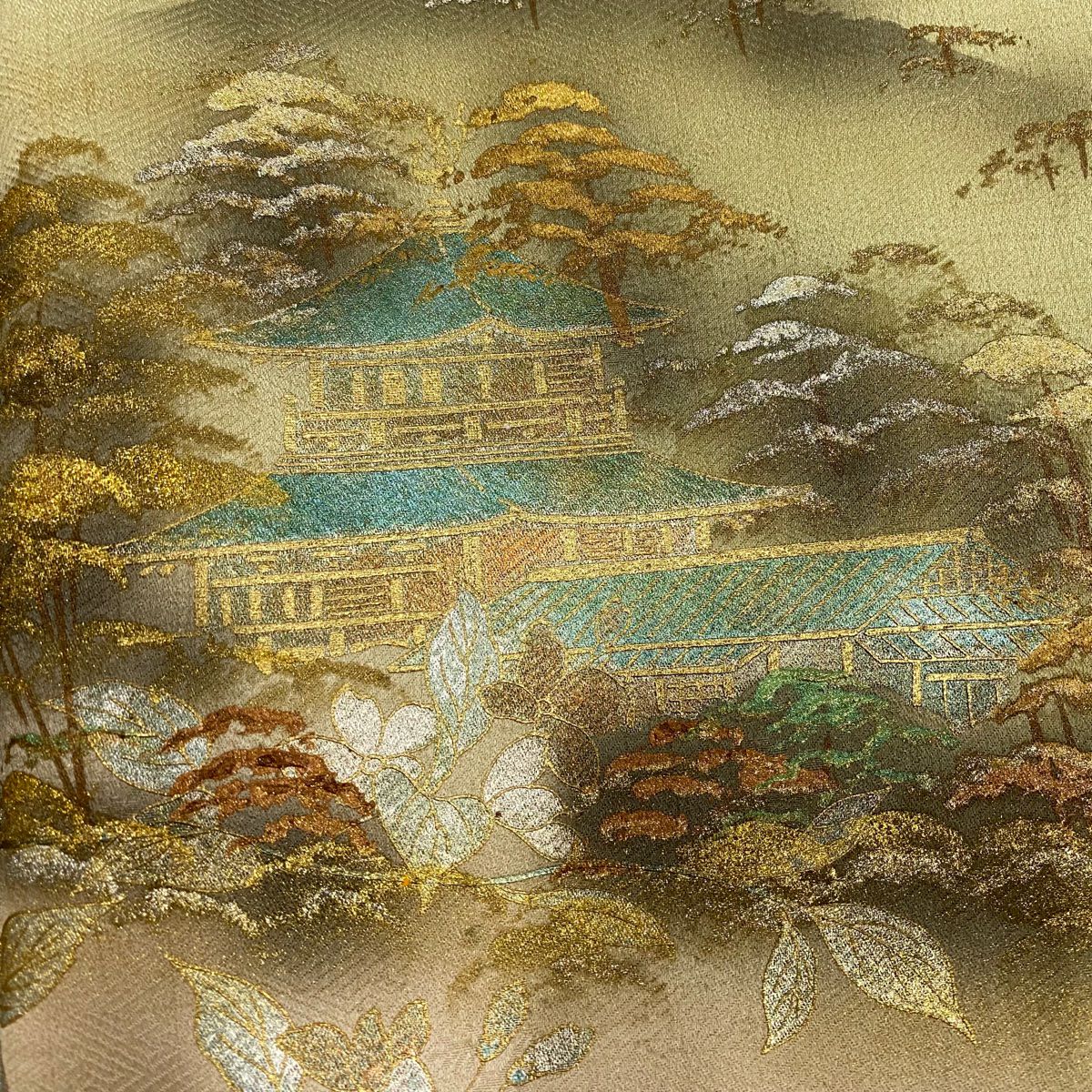 【庫存清倉】 付下 身長153.5cm 袖長62.5cm S 雙層 風景 建築 金銀彩 漸層 抹茶 純蠶絲 優品級