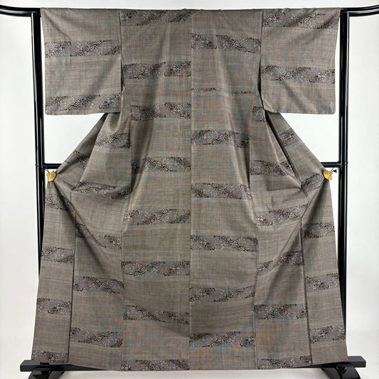【庫存清倉】 紬織織 身長162cm 袖長63cm S 雙層 草花紋紋 焦茶 純蠶絲 美品 秀品級