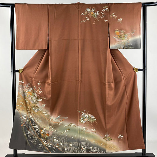 【庫存清倉】訪問服 身長153cm 袖長62cm S 雙層 扇子 草花紋紋 金銀彩 漸層 茶 純蠶絲 優品級