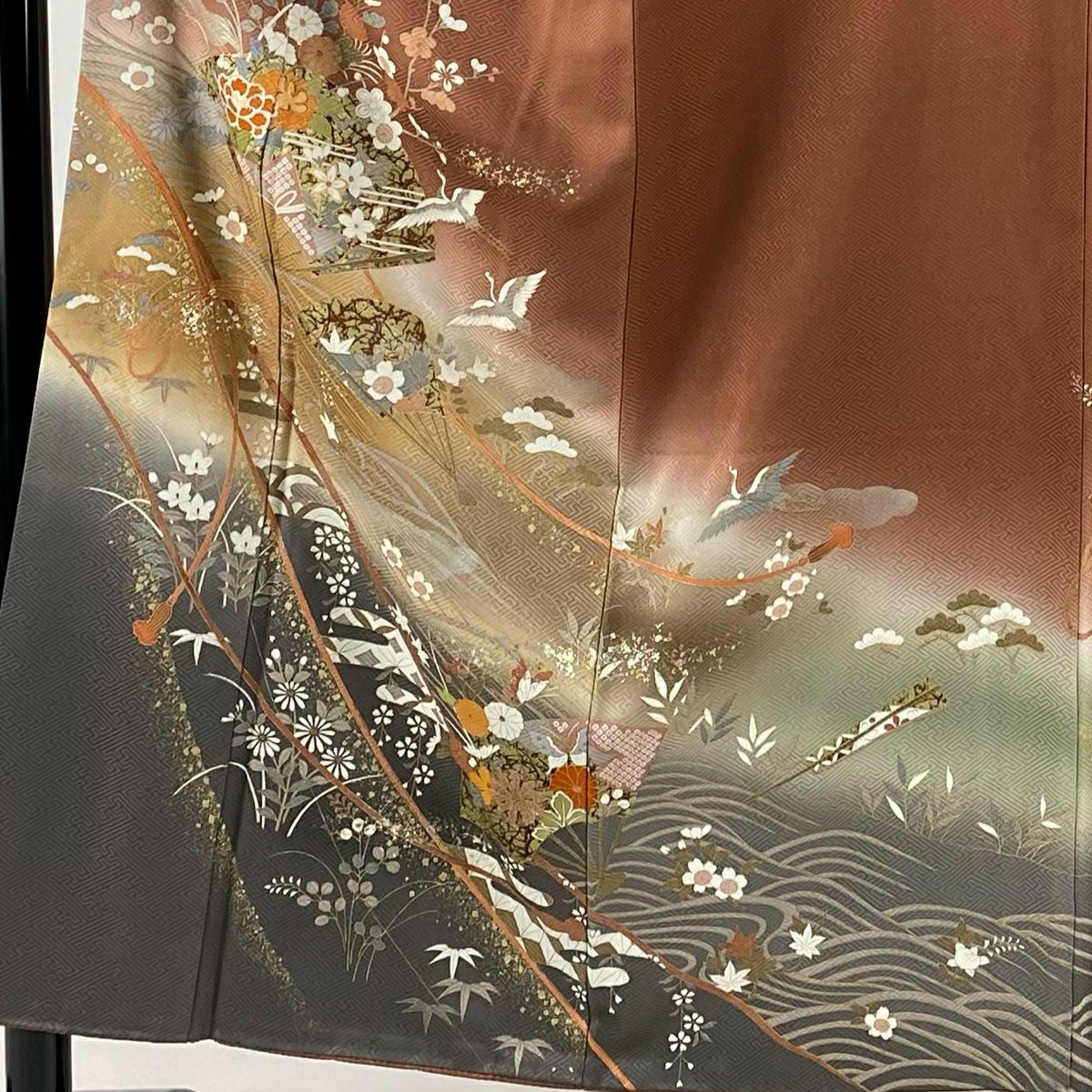 【庫存清倉】訪問服 身長153cm 袖長62cm S 雙層 扇子 草花紋紋 金銀彩 漸層 茶 純蠶絲 優品級