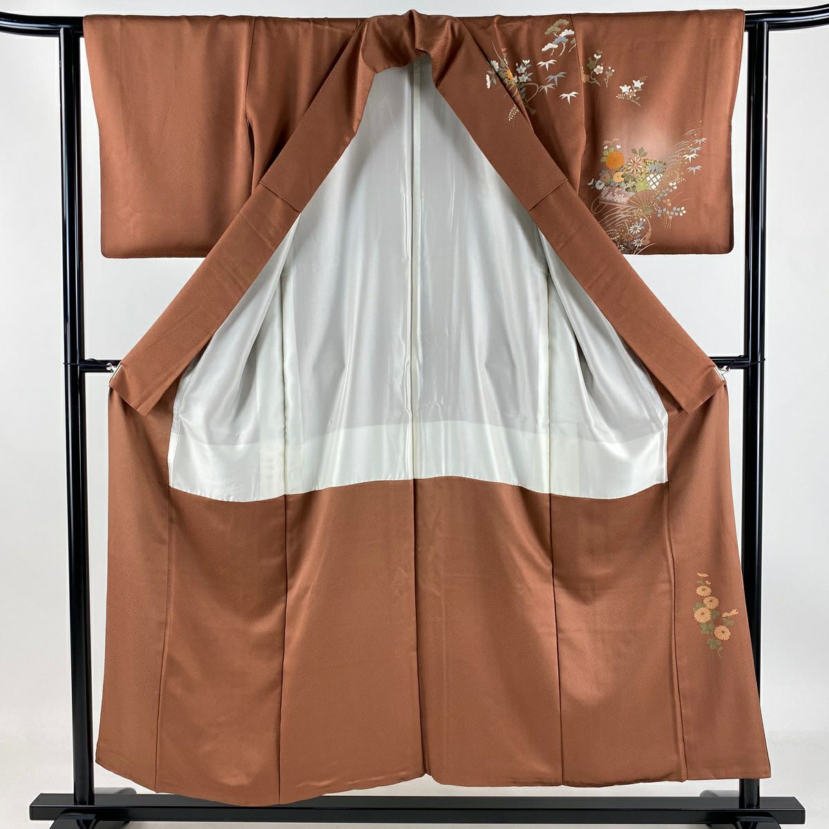 【庫存清倉】訪問服 身長153cm 袖長62cm S 雙層 扇子 草花紋紋 金銀彩 漸層 茶 純蠶絲 優品級