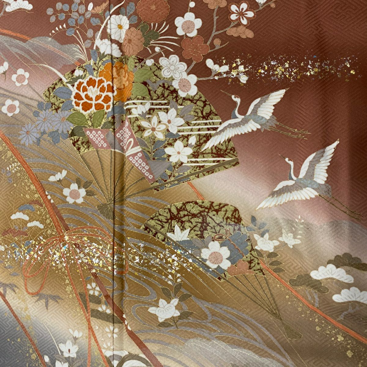 【庫存清倉】訪問服 身長153cm 袖長62cm S 雙層 扇子 草花紋紋 金銀彩 漸層 茶 純蠶絲 優品級
