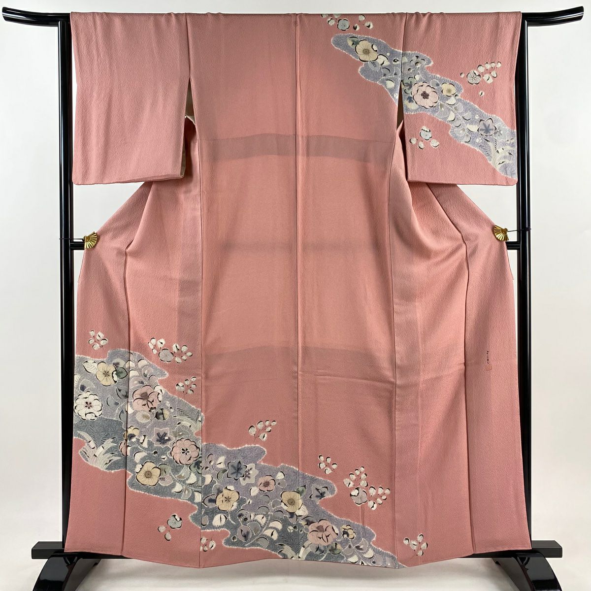 【在庫一掃】 訪問服 身長160cm 袖長64.5cm M 雙層 落款あり 辻花染圖案 霞 ぼかし 縮緬 粉紅 純蠶絲 秀品級 一つ紋