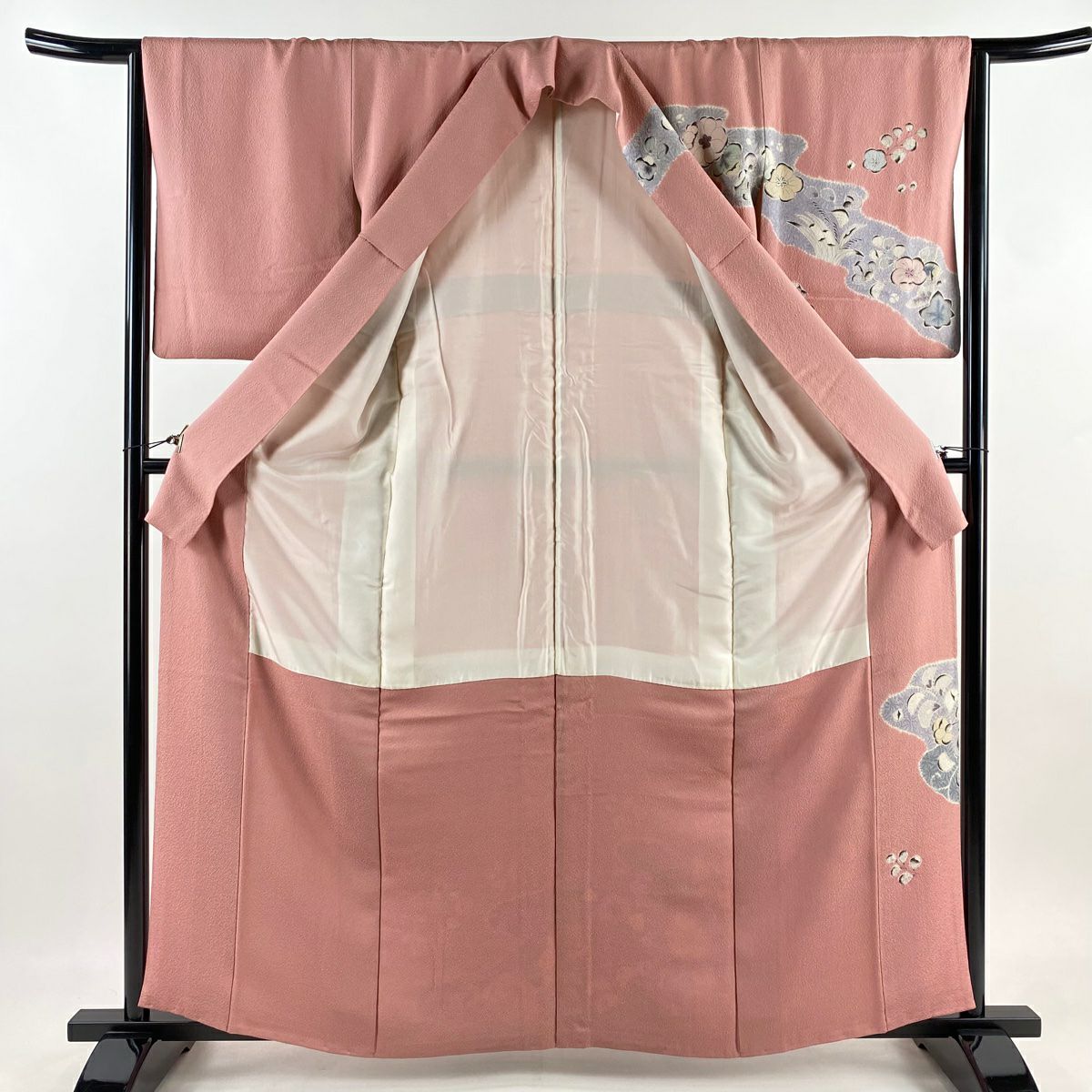 【在庫一掃】 訪問服 身長160cm 袖長64.5cm M 雙層 落款あり 辻花染圖案 霞 ぼかし 縮緬 粉紅 純蠶絲 秀品級 一つ紋