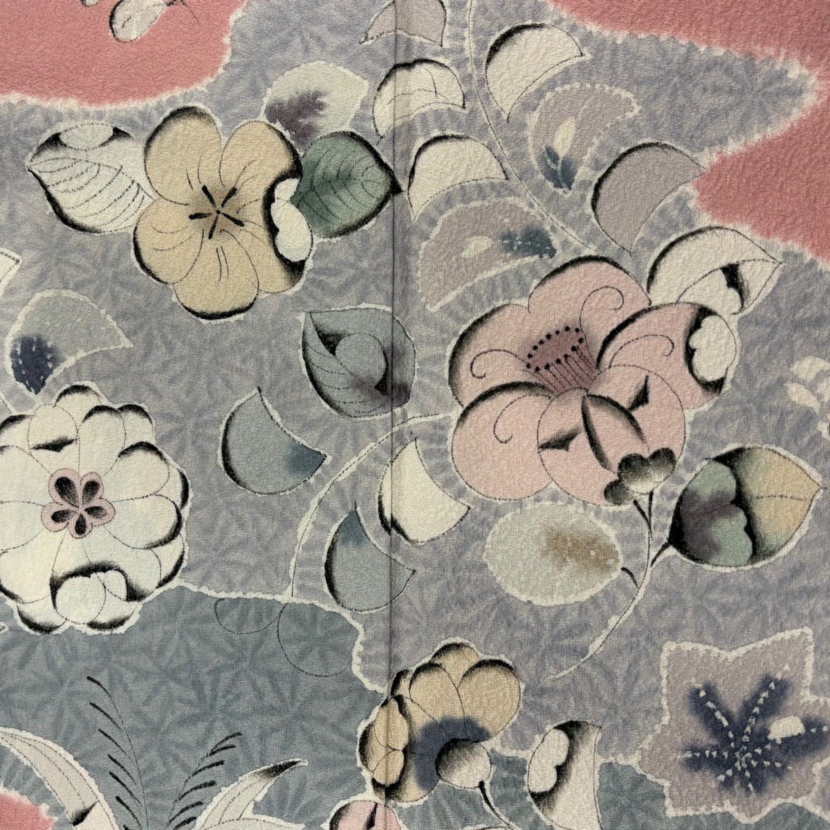 【在庫一掃】 訪問服 身長160cm 袖長64.5cm M 雙層 落款あり 辻花染圖案 霞 ぼかし 縮緬 粉紅 純蠶絲 秀品級 一つ紋