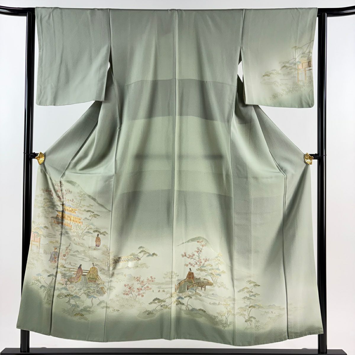 【庫存清倉】 付下 身長152.5cm 袖長63cm S 雙層 建築 人物 刺繡 金銀彩 灰綠 純蠶絲 優品級
