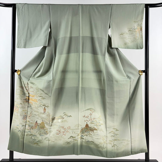 【庫存清倉】 付下 身長152.5cm 袖長63cm S 雙層 建築 人物 刺繡 金銀彩 灰綠 純蠶絲 優品級