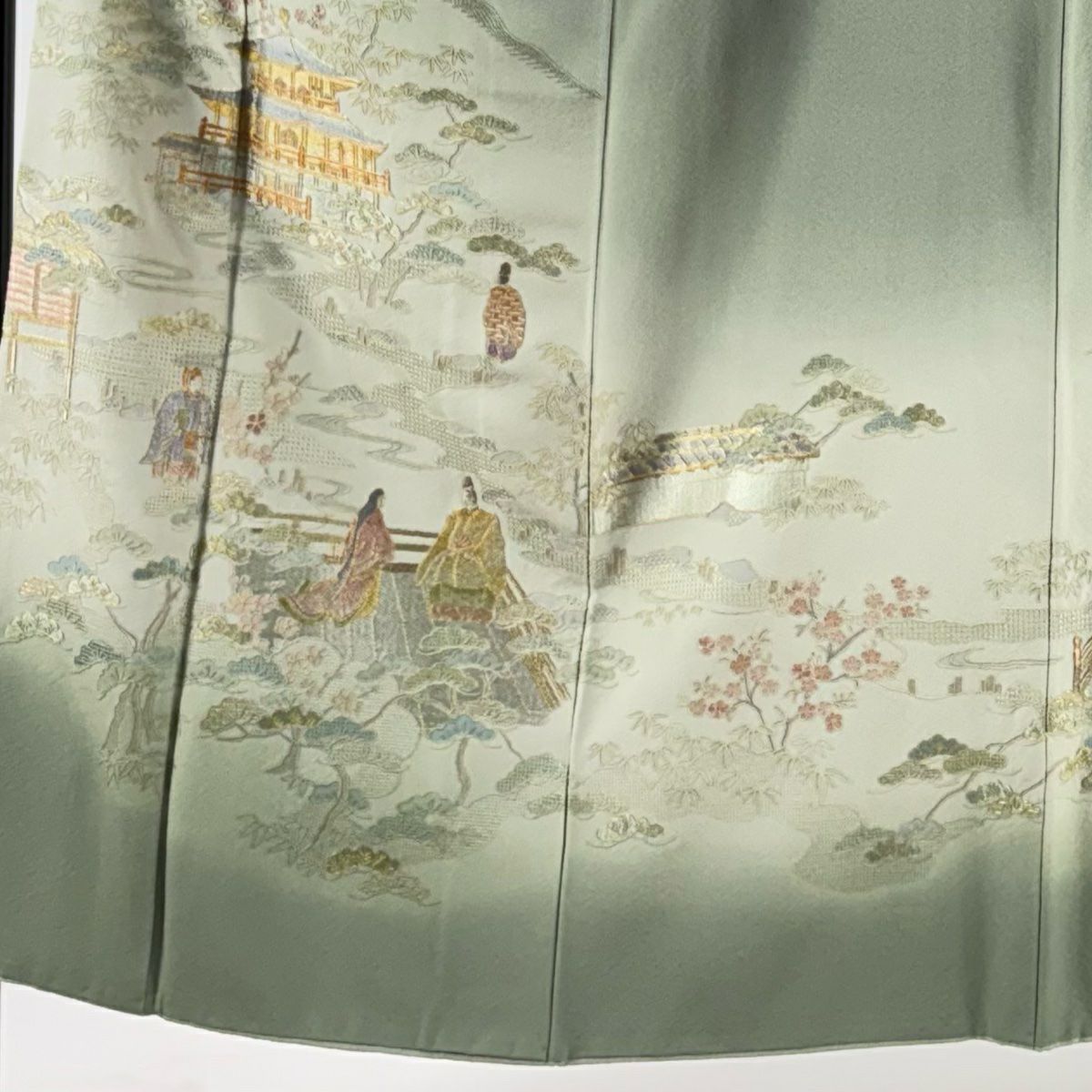 【庫存清倉】 付下 身長152.5cm 袖長63cm S 雙層 建築 人物 刺繡 金銀彩 灰綠 純蠶絲 優品級