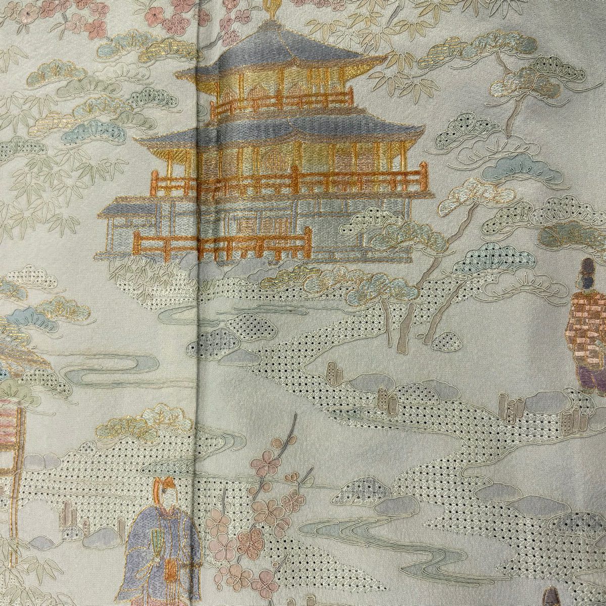 【庫存清倉】 付下 身長152.5cm 袖長63cm S 雙層 建築 人物 刺繡 金銀彩 灰綠 純蠶絲 優品級