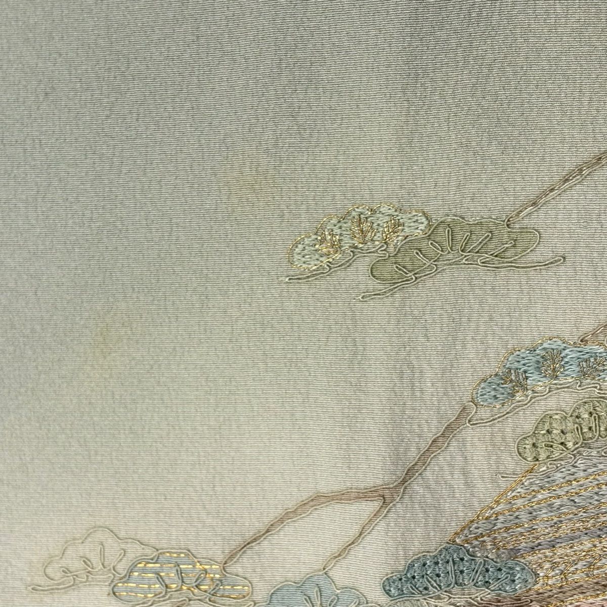 【庫存清倉】 付下 身長152.5cm 袖長63cm S 雙層 建築 人物 刺繡 金銀彩 灰綠 純蠶絲 優品級