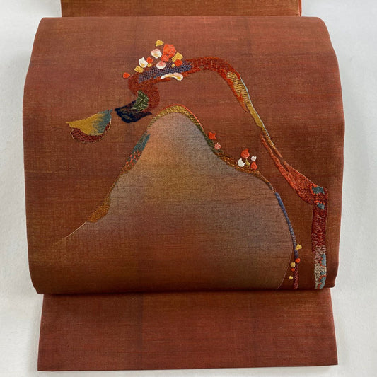 【庫存清倉】 袋帶 美品 秀品級 幾何學 金金箔 刺繡 紅茶 純蠶絲