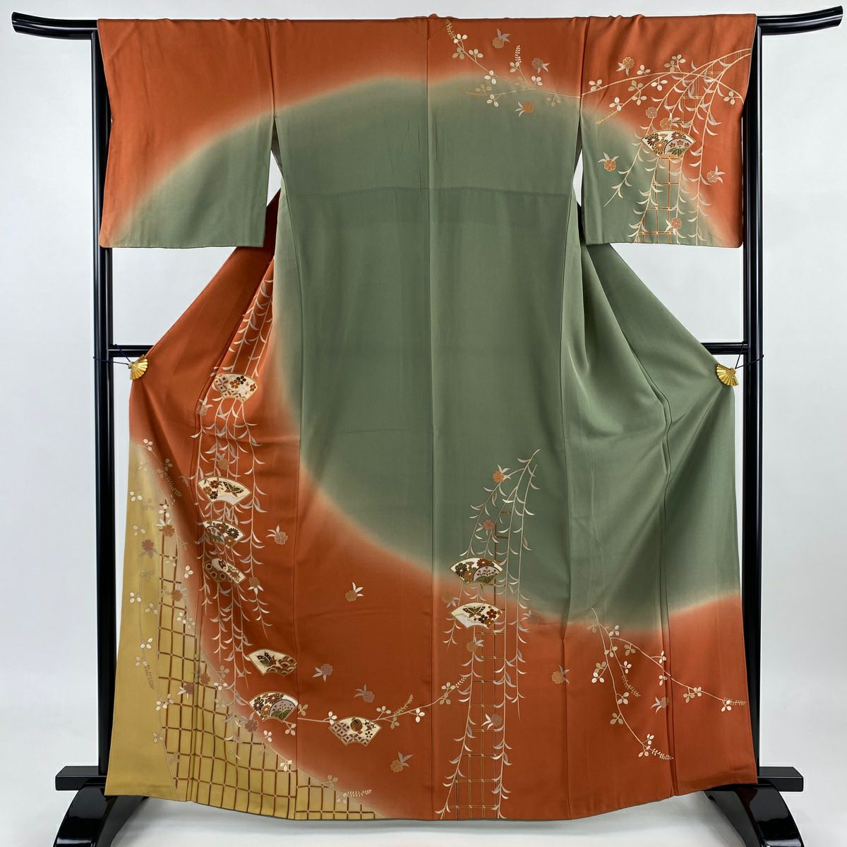 【庫存清倉】訪問服 身長164cm 袖長65.5cm M 雙層 柳 扇子面 金銀彩 漸層 橙色 純蠶絲 優品級