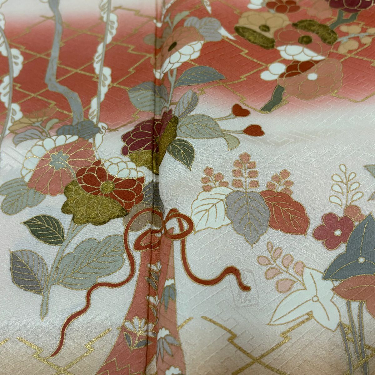 【庫存清倉】訪問服 身長160cm 袖長62cm S 雙層 吾妻德穗 落款 草花紋紋 短冊 金銀彩 漸層 淡粉色 純蠶絲 優品級