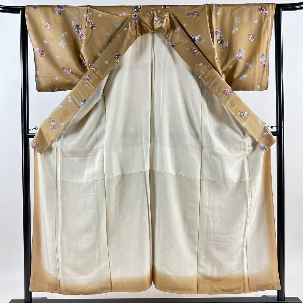 【庫存清倉】 小紋 身長153cm 袖長64cm M 雙層 色紙 草花紋紋 漸層 淺茶 純蠶絲 美品 優品級