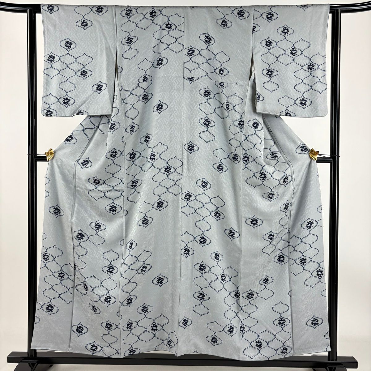 【庫存清倉】 小紋 身長154.5cm 袖長62cm S 雙層 幾何圖案 青灰 純蠶絲 優品級
