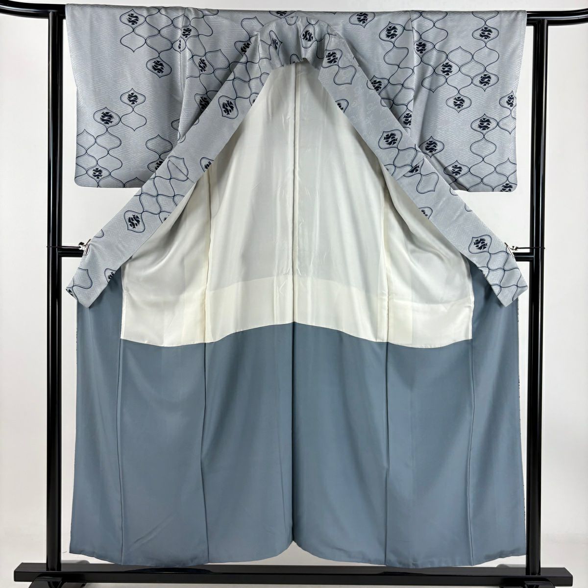 【庫存清倉】 小紋 身長154.5cm 袖長62cm S 雙層 幾何圖案 青灰 純蠶絲 優品級