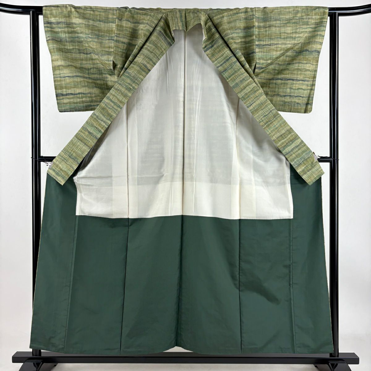 【庫存清倉】 紬織 身長156.5cm 袖長61.5cm S 雙層 斜條紋 艾草綠 純蠶絲 優品級