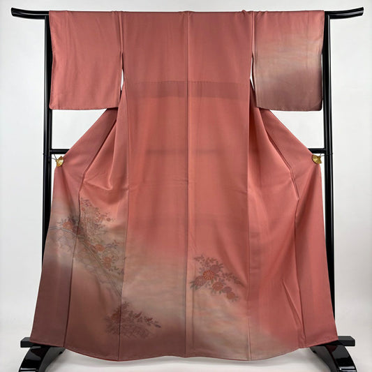 【庫存清倉】 付下 身長164.5cm 袖長65cm M 雙層 御所車 菊花花刺繡 漸層 粉紅 純蠶絲 優品級
