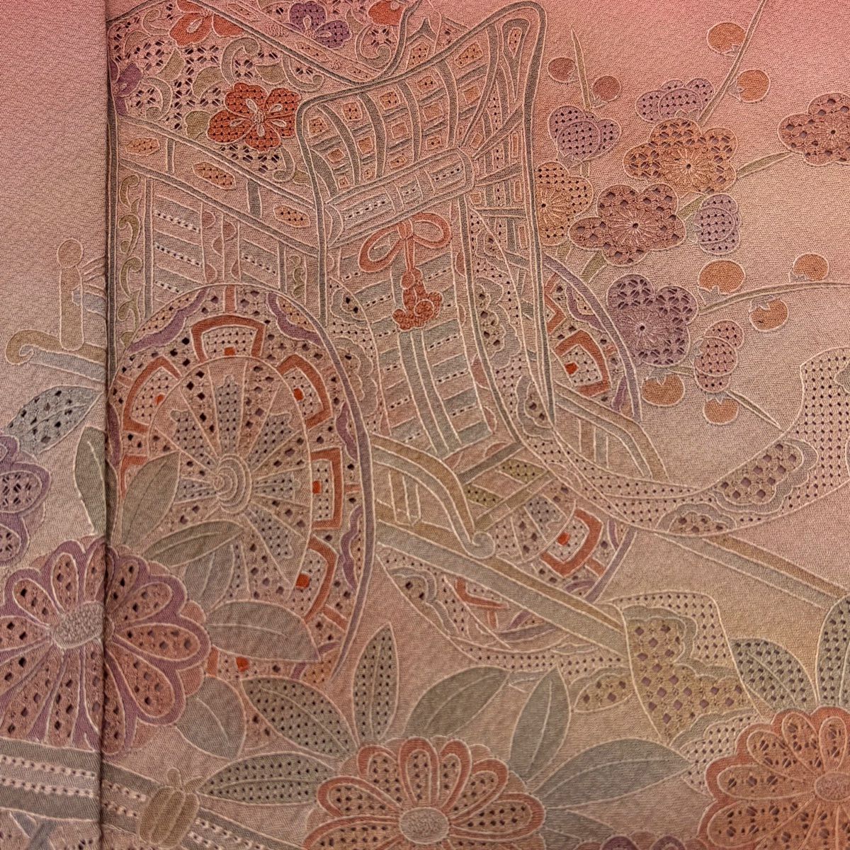 【庫存清倉】 付下 身長164.5cm 袖長65cm M 雙層 御所車 菊花花刺繡 漸層 粉紅 純蠶絲 優品級