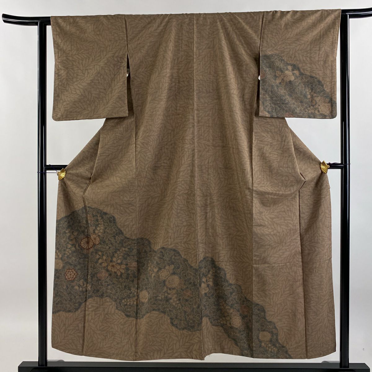 【庫存清倉】訪問服 身長154cm 袖長61.5cm S 雙層 紬織織 草花紋紋 刺繡 金彩裝飾 茶 純蠶絲 名品級