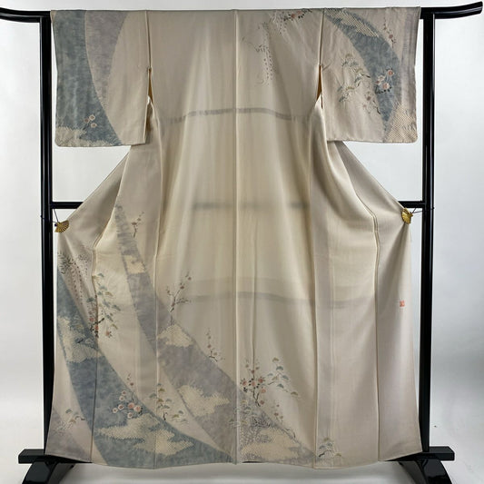【庫存清倉】訪問服 身長160.5cm 袖長61.5cm S 雙層 滝泰 有落款 草花紋紋 霞 絞染 分染 米色 純蠶絲 名品級