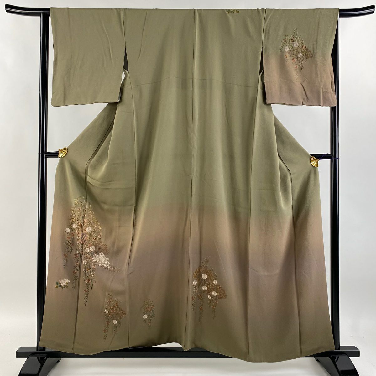 【庫存清倉】 付下 身長156cm 袖長65cm M 雙層 花筏 草花紋刺繡 漸層 灰綠 純蠶絲 名品級 一個紋