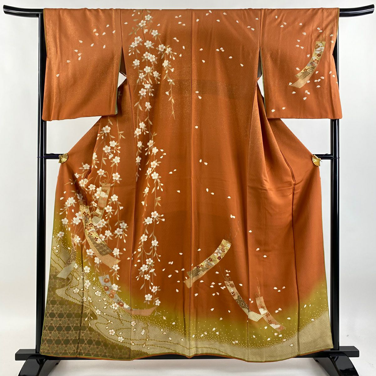 【庫存清倉】訪問服 身長160.5cm 袖長66cm M 雙層 吸棉仕立 亞麻 短冊 枝垂櫻 金絲 金銀彩 橙色 純蠶絲 名品級
