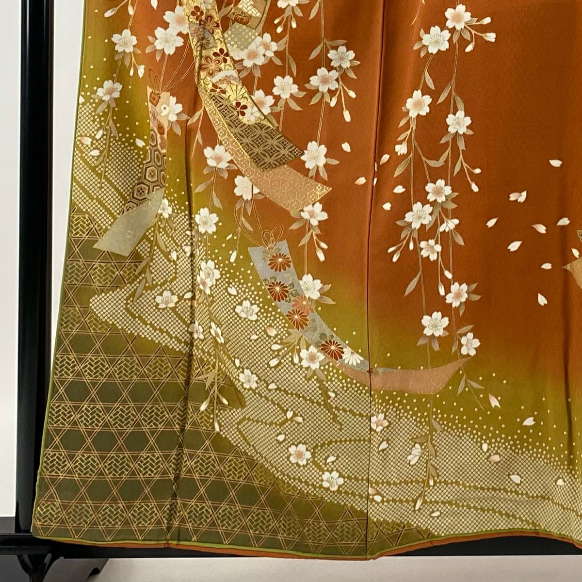 【庫存清倉】訪問服 身長160.5cm 袖長66cm M 雙層 吸棉仕立 亞麻 短冊 枝垂櫻 金絲 金銀彩 橙色 純蠶絲 名品級