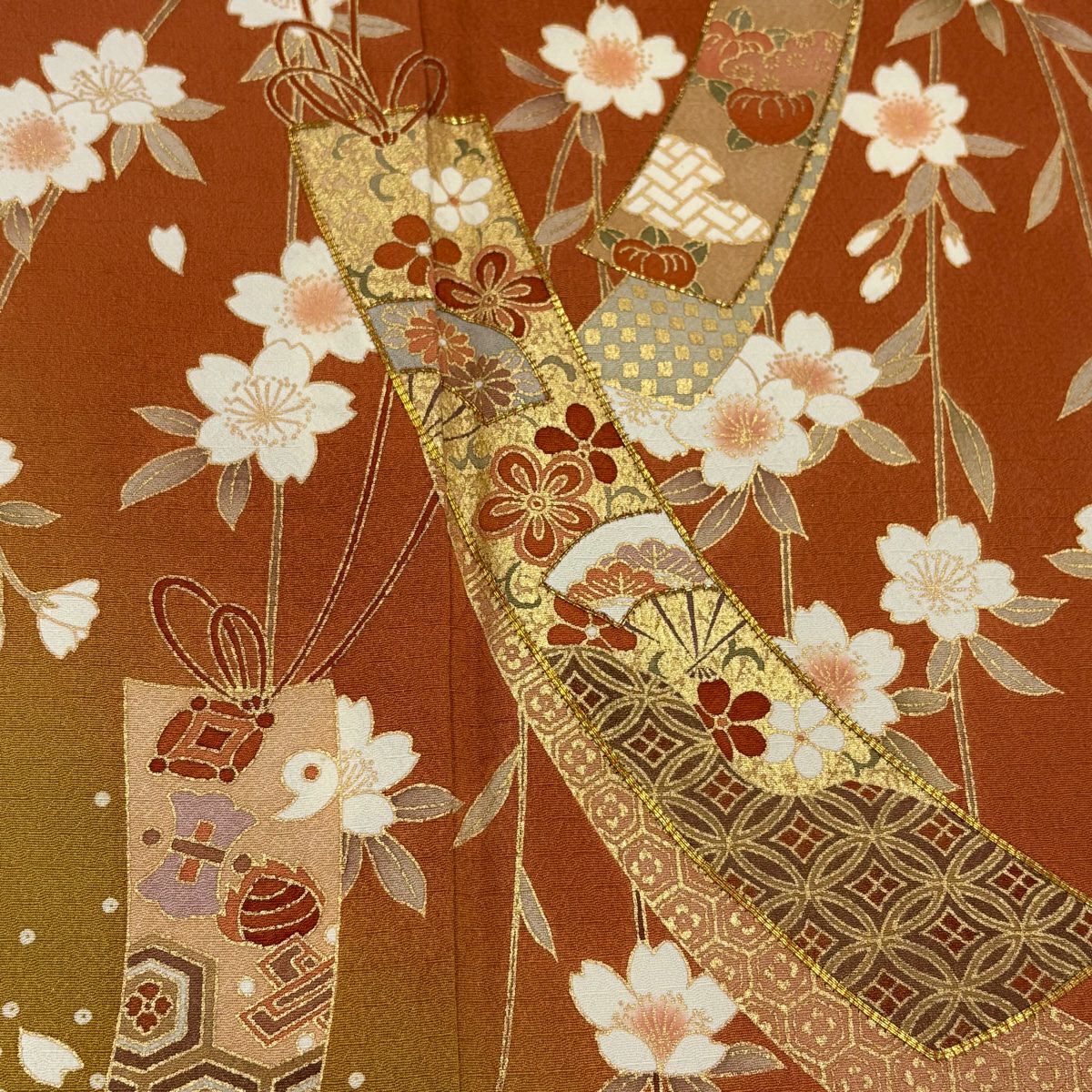 【庫存清倉】訪問服 身長160.5cm 袖長66cm M 雙層 吸棉仕立 亞麻 短冊 枝垂櫻 金絲 金銀彩 橙色 純蠶絲 名品級