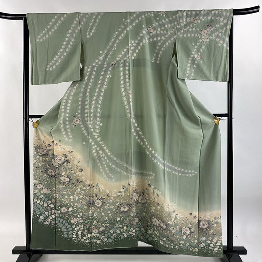【庫存清倉】訪問服 身長157.5cm 袖長65cm M 雙層 辻花染圖案 漸層 絞織 灰綠 純蠶絲 名品級