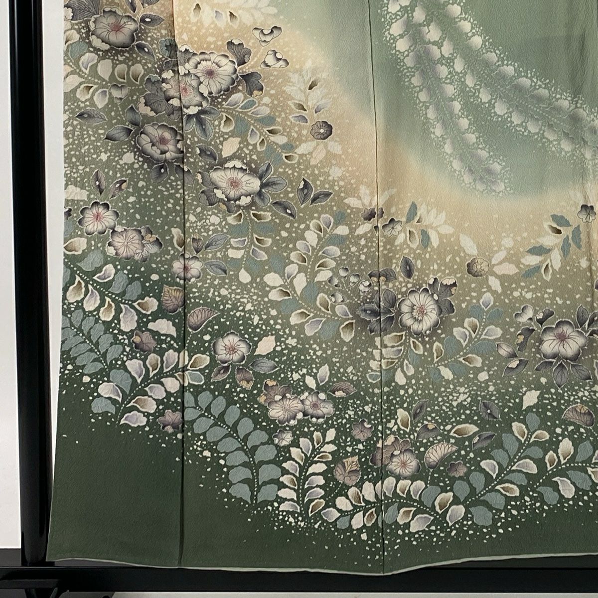 【庫存清倉】訪問服 身長157.5cm 袖長65cm M 雙層 辻花染圖案 漸層 絞織 灰綠 純蠶絲 名品級