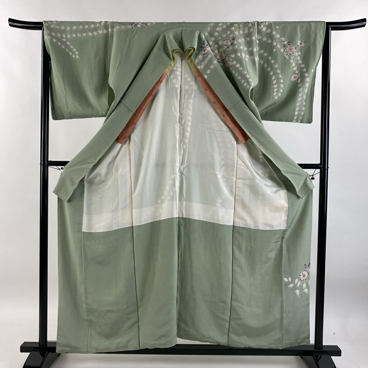 【庫存清倉】訪問服 身長157.5cm 袖長65cm M 雙層 辻花染圖案 漸層 絞織 灰綠 純蠶絲 名品級