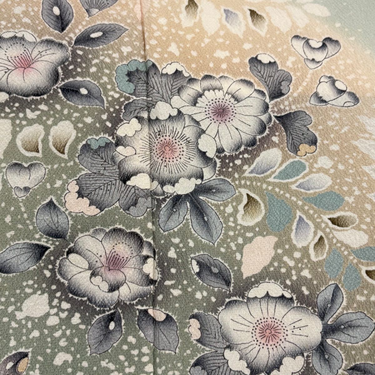 【庫存清倉】訪問服 身長157.5cm 袖長65cm M 雙層 辻花染圖案 漸層 絞織 灰綠 純蠶絲 名品級