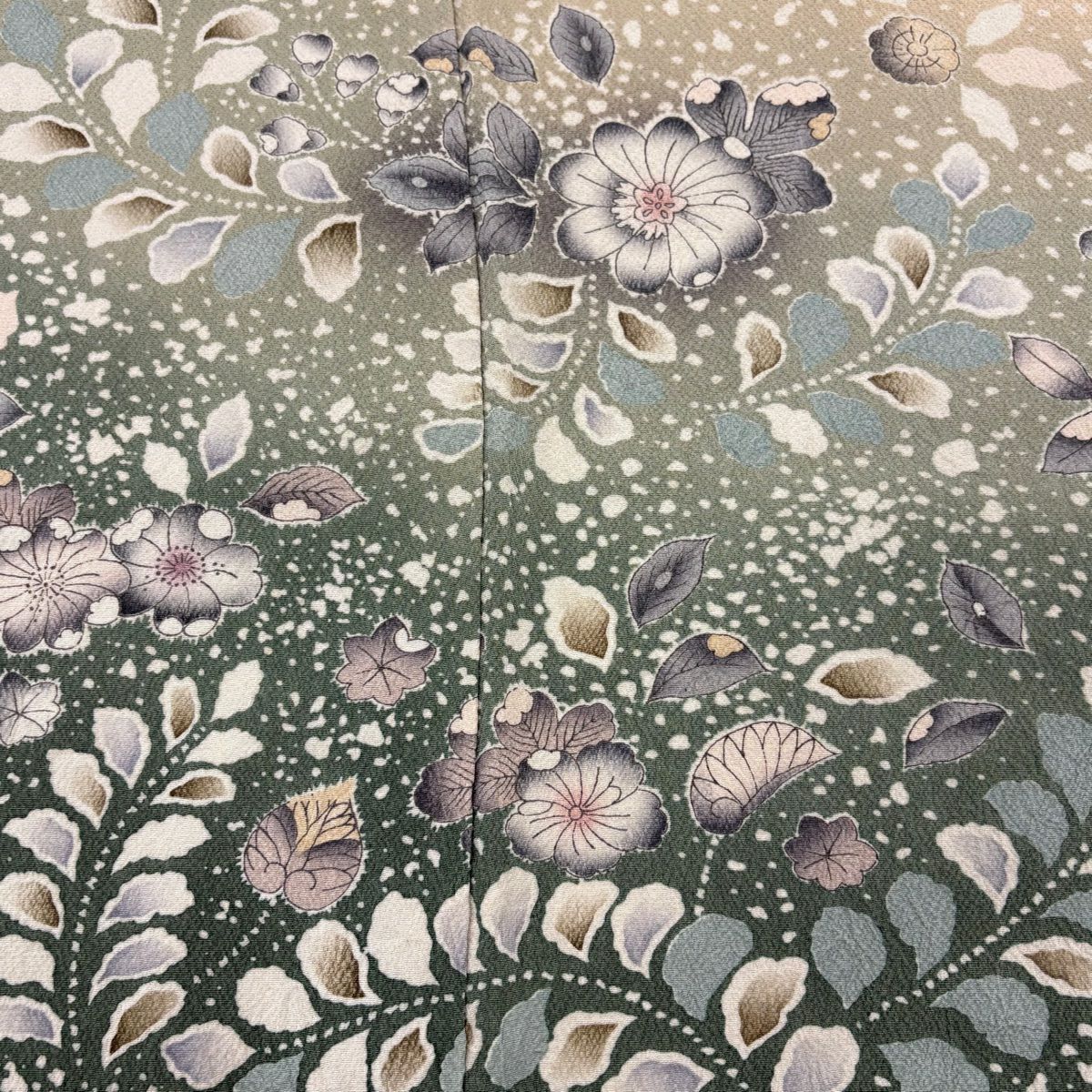 【庫存清倉】訪問服 身長157.5cm 袖長65cm M 雙層 辻花染圖案 漸層 絞織 灰綠 純蠶絲 名品級