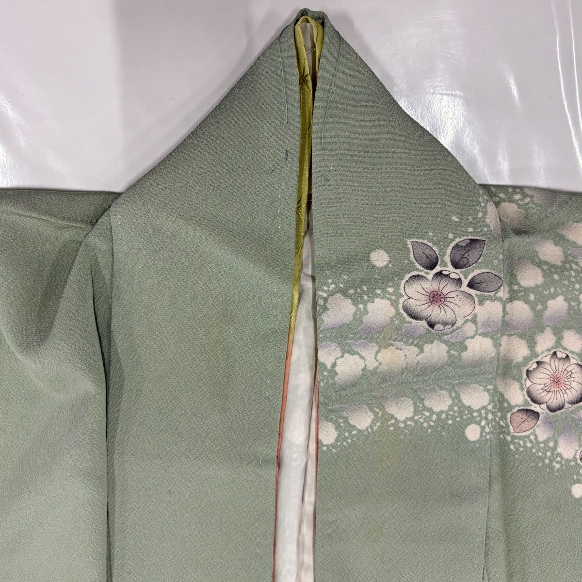 【庫存清倉】訪問服 身長157.5cm 袖長65cm M 雙層 辻花染圖案 漸層 絞織 灰綠 純蠶絲 名品級