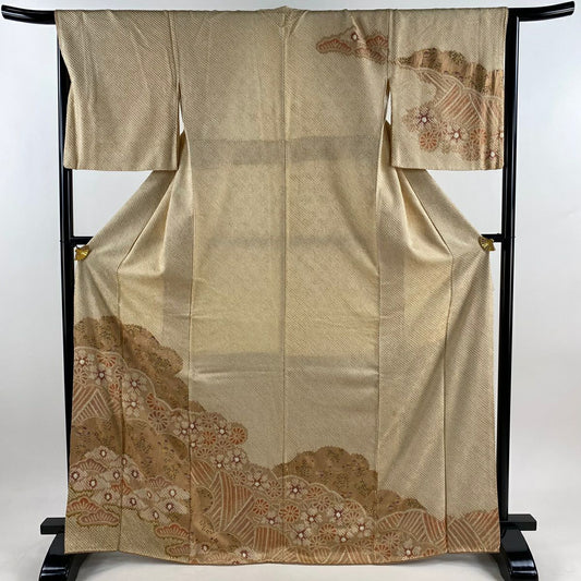 【庫存清倉】訪問服 身長168.5cm 袖長65cm M 雙層 草花紋紋 松樹 金銀彩 絞染 淺茶 純蠶絲 名品級