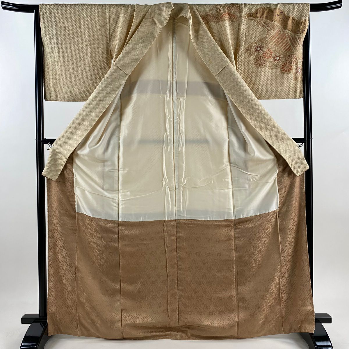 【庫存清倉】訪問服 身長168.5cm 袖長65cm M 雙層 草花紋紋 松樹 金銀彩 絞染 淺茶 純蠶絲 名品級