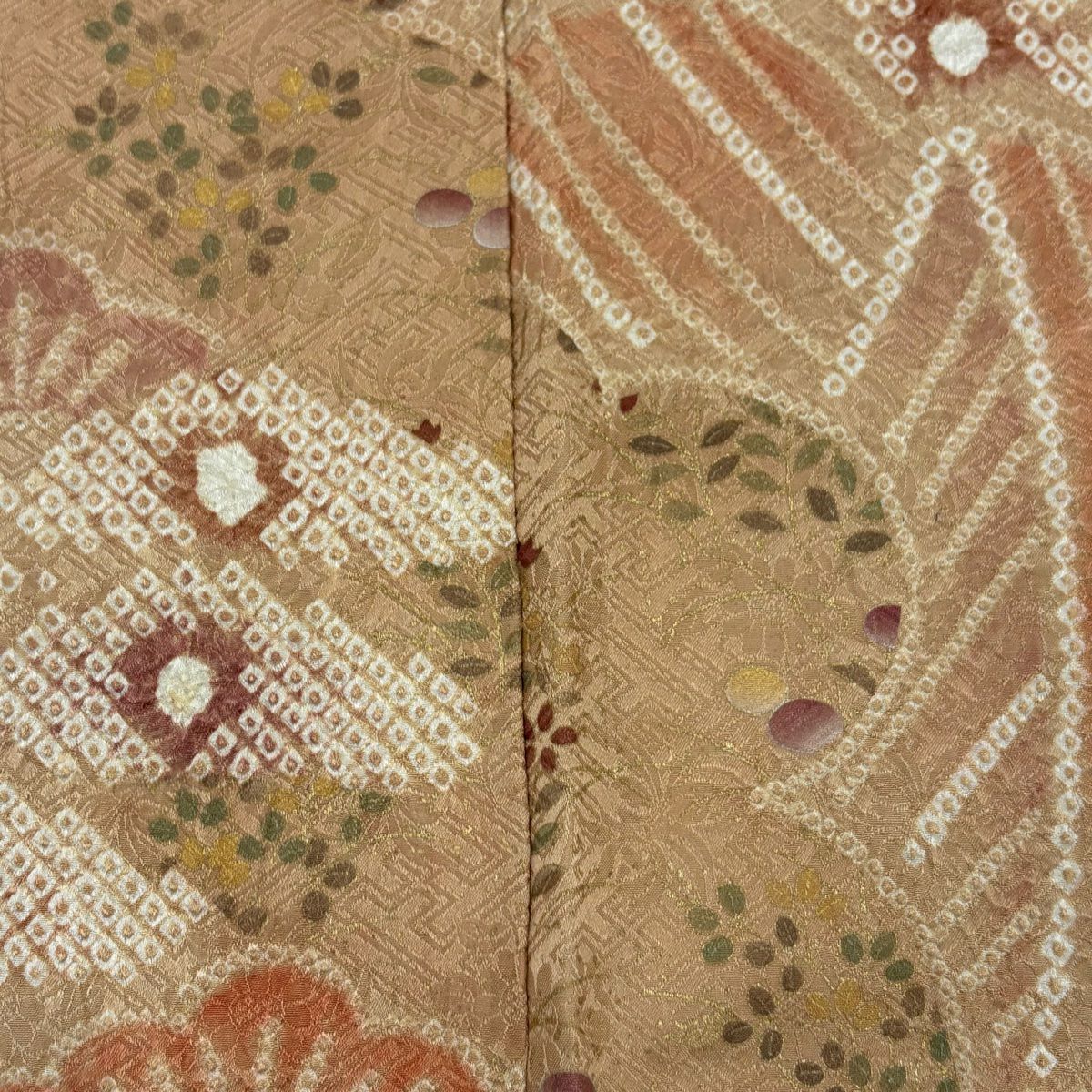 【庫存清倉】訪問服 身長168.5cm 袖長65cm M 雙層 草花紋紋 松樹 金銀彩 絞染 淺茶 純蠶絲 名品級