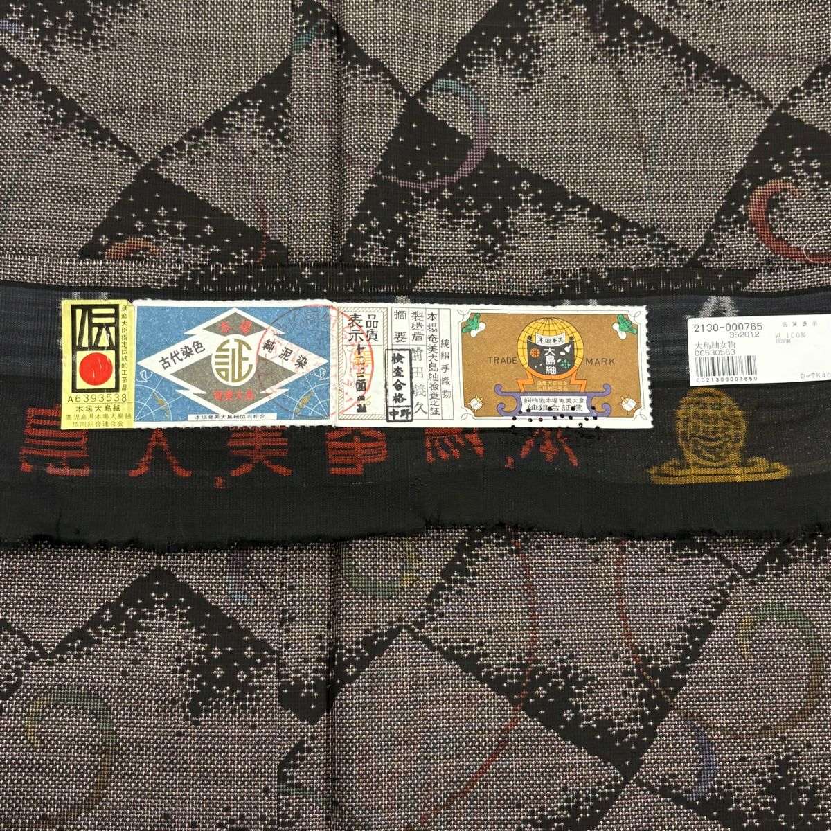 【庫存清倉】 大島紬織 身長153.5cm 袖長63.5cm S 雙層 純泥染 證書齊全 唐草紋 幾何圖案 焦茶 純蠶絲 美品 名品級