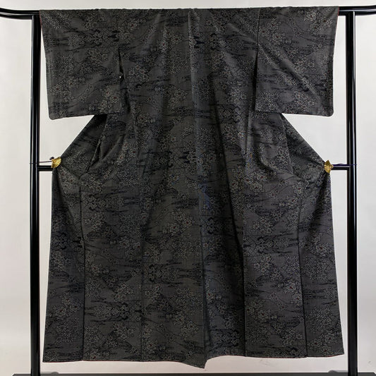【庫存清倉】 大島紬織 身長152cm 袖長61cm S 雙層 證書齊全 草花紋紋 流水 黑灰 純蠶絲 美品 名品級