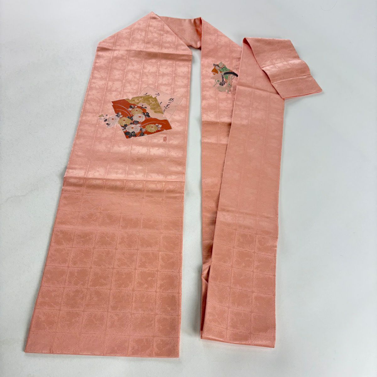 【庫存清倉】名古屋帶 美品 優品級 有落款 菊花花 色紙 金銀彩 粉紅 純蠶絲