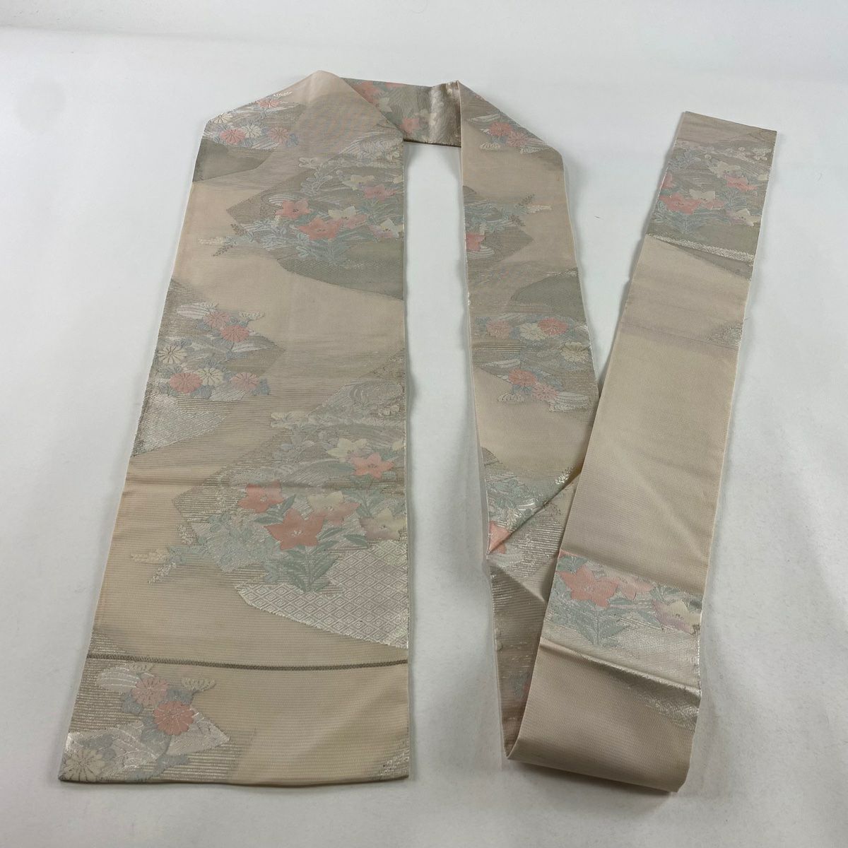 【清倉特賣】 名古屋帶 優品級 夏帶 絽 秋草 中水 金金箔 淺粉色 純蠶絲