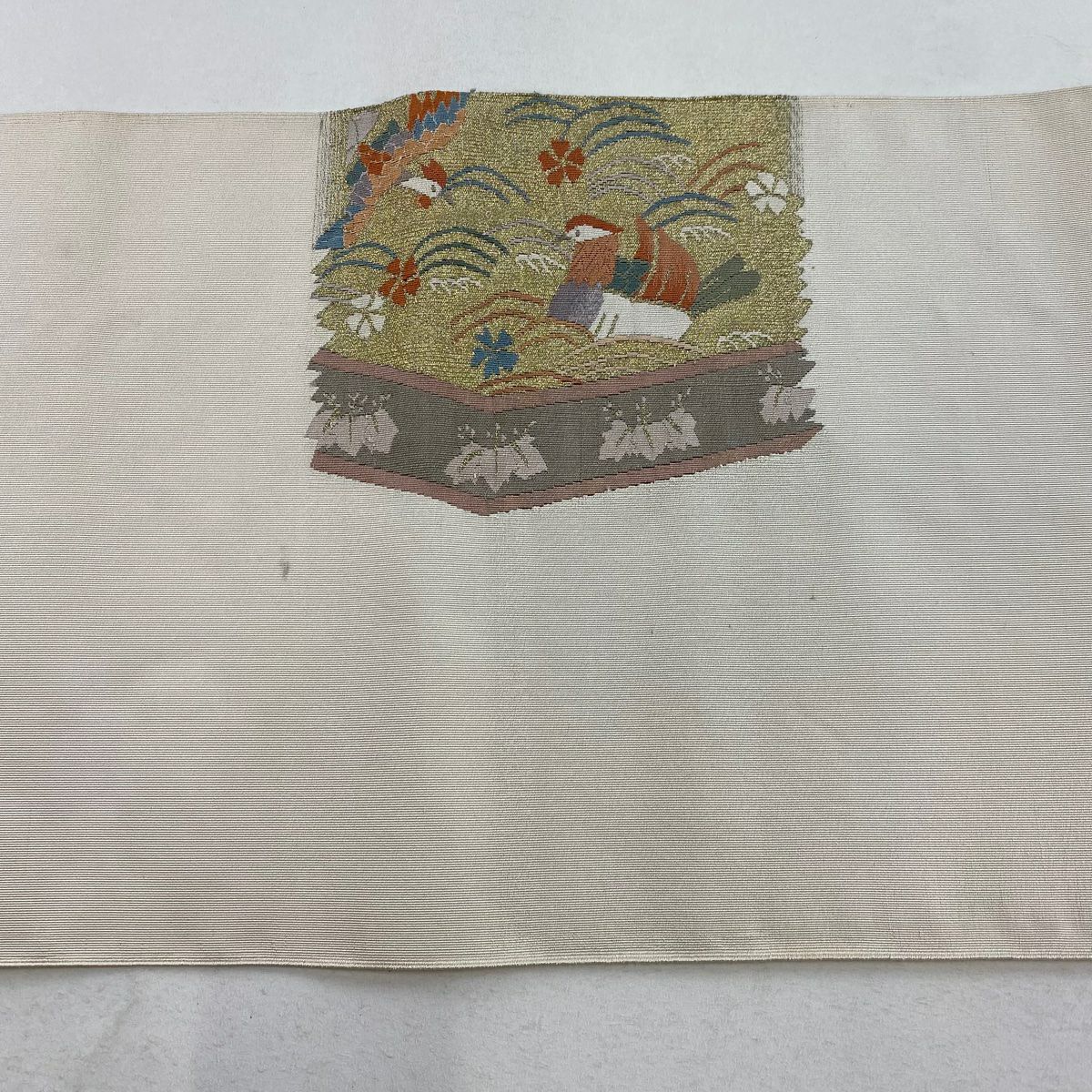 【庫存清倉】 名古屋帶 優品級 八寸名古屋帶 松樹葉仕立 鴛鴦 桐 金銀絲 奶油色 純蠶絲