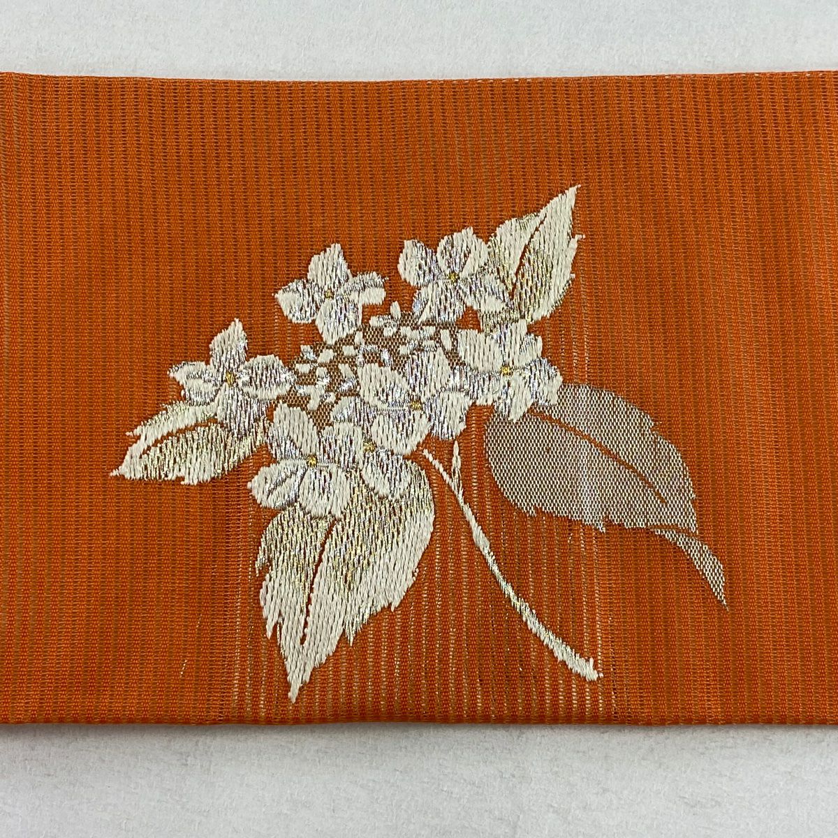 【庫存清倉】 名古屋帶 優品級 夏帶 絽 草花紋 竹子 金銀彩 橙色 純蠶絲