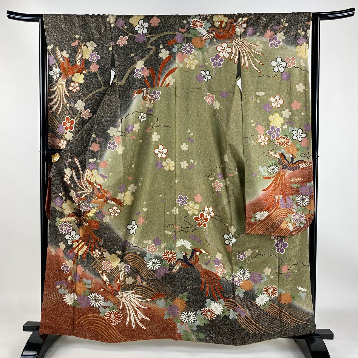 【庫存清倉】振袖禮服 身長161.5cm 袖長63.5cm S 雙層 鳳凰 枝梅花 金絲 金銀彩 墨 純蠶絲 名品級