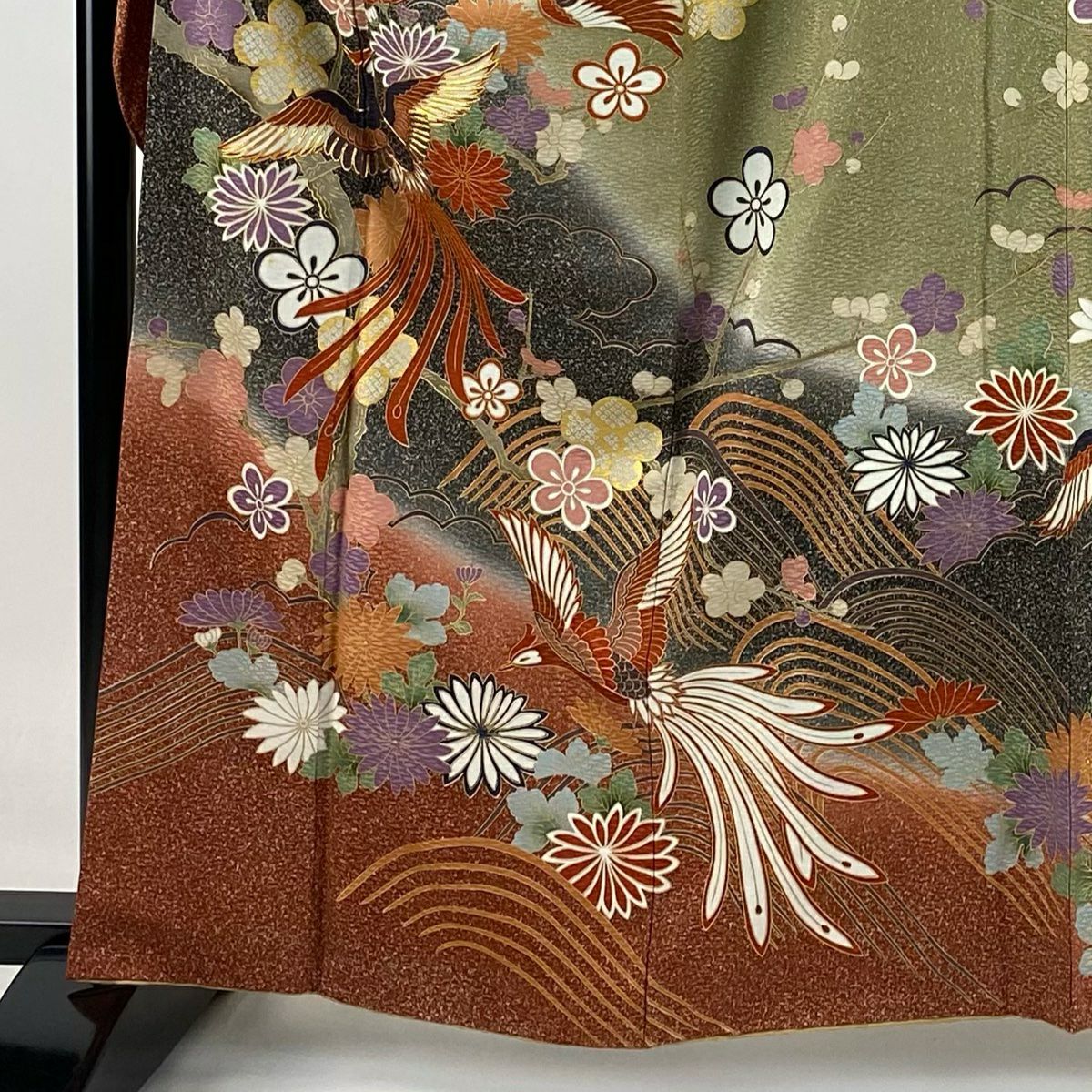 【庫存清倉】振袖禮服 身長161.5cm 袖長63.5cm S 雙層 鳳凰 枝梅花 金絲 金銀彩 墨 純蠶絲 名品級
