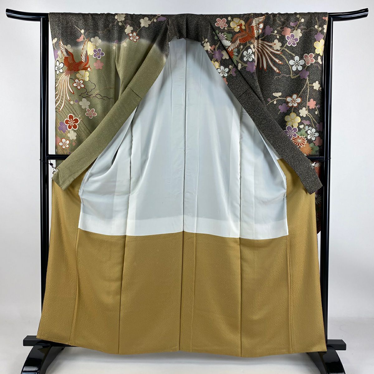 【庫存清倉】振袖禮服 身長161.5cm 袖長63.5cm S 雙層 鳳凰 枝梅花 金絲 金銀彩 墨 純蠶絲 名品級