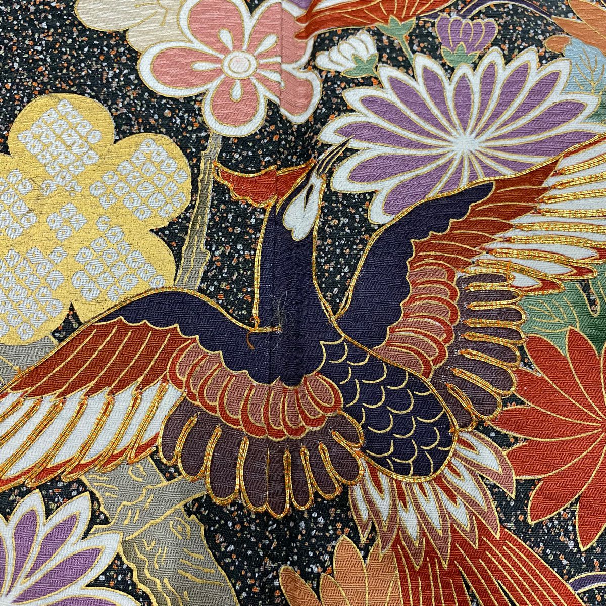 【庫存清倉】振袖禮服 身長161.5cm 袖長63.5cm S 雙層 鳳凰 枝梅花 金絲 金銀彩 墨 純蠶絲 名品級