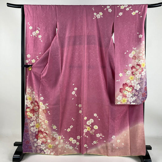 【庫存清倉】振袖禮服 身長165cm 袖長67cm M 雙層 櫻花 菊花花 金銀彩 漸層 粉紅 純蠶絲 名品級