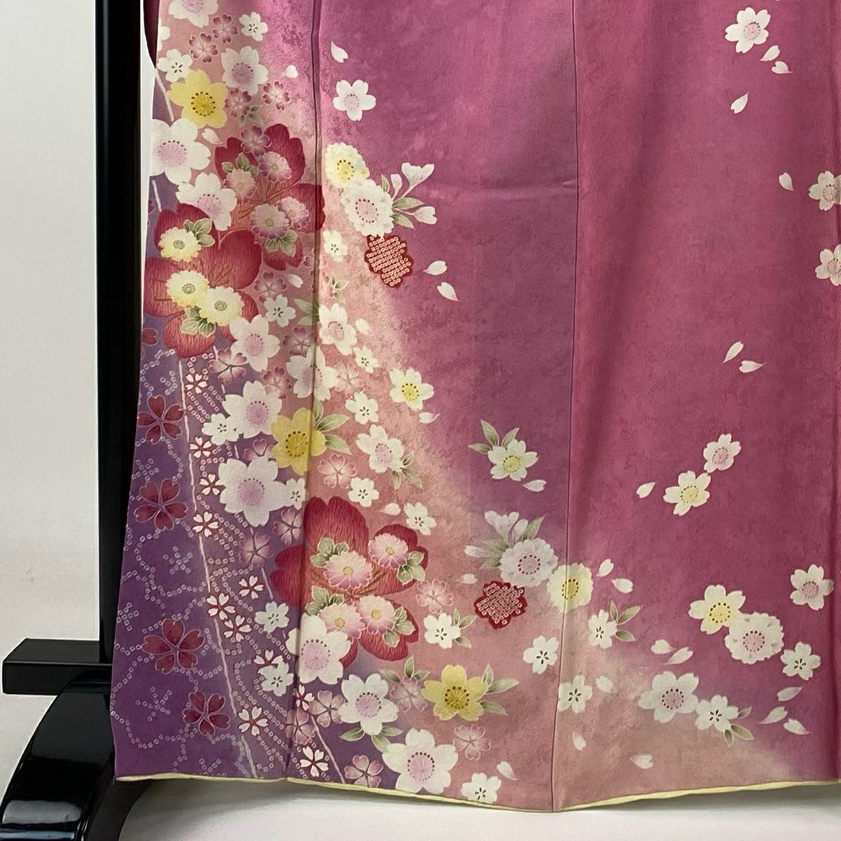 【庫存清倉】振袖禮服 身長165cm 袖長67cm M 雙層 櫻花 菊花花 金銀彩 漸層 粉紅 純蠶絲 名品級